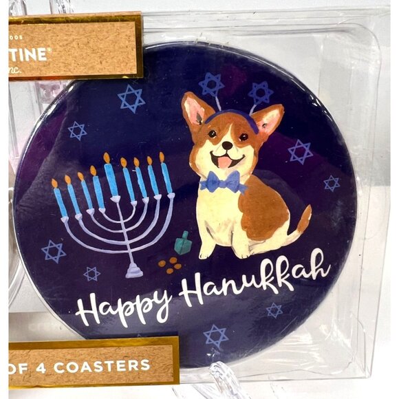 Clementine Paper Inc. Happy Hanukkah Corgi Coasters Set Of 4, Stone - Picture 3 of 4